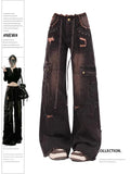 Fashionkova Women's 90s Vintage Black Gothic Cargo Jeans Y2k High Waist Wide Leg Denim Trousers Harajuku Baggy Jean Pants Emo 2000s Clothes