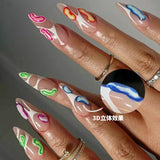 Fashionkova 24pc Metal geometry Irregular almond false nails press on hot girls y2k designs fake nails with 3D red ripple French ballet nail