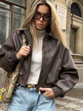 Fashionkova Women's Collar Zipper Casual Pu Leather Jacket Vintage Pocket Elastic Long Sleeved Outerwear Fashion High Street Motorcycle Coat