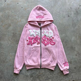 Fashionkova Christmas outfit Harajuku pink letter foam hoodie 2024 European and American classic loose casual men and women y2k clothes zip up hoodie