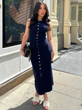 Fashionkova JULISSA MO Knit Sexy High Slit Button Women Maxi Dress Apricot Sleeveless Round Neck Dress Summer Skinny Elegant Party Beachwear