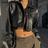 Fashionkova Xeemilo Autumn Faux Leather Short Jacket Y2K Turn-down Collar Fashion Botton Decoration PU Coat 2022 Grunge Street Casual Coats