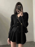 Fashionkova Casual Knitted 2 Piece Set Single Breasted V-neck Top + High Waist Mini Pleated Skirt Autumn Spring Korean Fashion Solid Outfits