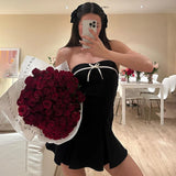 Fashionkova Sexy Black Mini Dress Women New Strapless Sleeveless Fashion Casual Streetwear A-LINE Dresses Clubwear Elegant Party Slim Dress