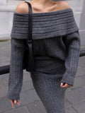 Fashionkova Winter Knitted Two Piece Set for Women Elegant Off Shoulder Sweater Pullover Top Slim Skirt Suit Fashion Office Ladies Outfits