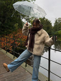 Fashionkova Christmas Gift outfit Khaki Flip Collar Zipper Warm Lamb Woolen Coat Elegant Solid Full Sleeve Short Jacket 2024 Autumn Woman New Commuter Wear