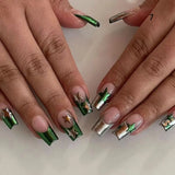 Fashionkova 24Pcs Long Coffin False Nails with Star Rhinestones Black Y2K Nail Art French Gradient Full Cover Press on Nail Tips for Girls