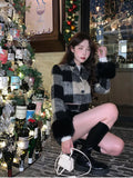 Fashionkova Korean style Sweet Short Plaid Blazer Suit Two Piece Set Summer Women Woollen Casual Chic Cute High Waist Skirt Suits