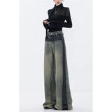 Fashionkova Blue Jeans for Women High Quality High Waist American Wide Leg Pants Y2K Vintage Fashion Straight Spliced Spring Bagge Trousers