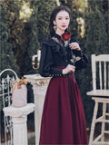 Fashionkova Vintage Gothic Two-Piece Skirt Sets Women Black Lace Ruffle Blouse Lace-up Midi Skirt Autumn New Court Retro Suits Y2k Outfits