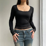 Fashionkova Black Sexy Lace T-shirt Women Autumn New O-Neck Long Sleeves Tees Fashion Streetwear Casual Slim T-shirt Lady Versatile Clothing