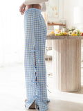 Fashionkova Women Wide-Leg Pants Plaid/Stripe Print Side Tie-Up Loose Trousers Spring Summer Casual Sweatpants Bottoms