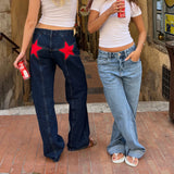 Fashionkova Combhasaki Women's Y2K Vintage Jeans Aesthetic Star Pattern Print Loose Straight Leg Denim Long Pants Casual Low Waist Trousers