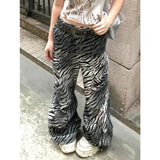 2024 Women's Casual Zebra print Gothic Jeans Vintage Aesthetic Emo Loose Washed Pants Y2K Wide Leg Punk Baggy Denim Trouser