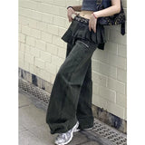 Fashionkova Korean Vintage Fashion High Waist High Street Style Green Straight Jeans Women's Pants Wide Leg Baggy Y2K Female Denim Trouser