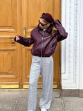 Fashionkova Vintage Solid Lapel Collar Zipper Women's Pu Leather Jacket Fashion Long Sleeve Pockets Short Loose Coat Autumn Winter Outerwear