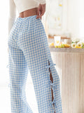 Fashionkova Women Wide-Leg Pants Plaid/Stripe Print Side Tie-Up Loose Trousers Spring Summer Casual Sweatpants Bottoms