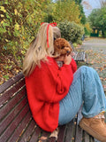 Fashionkova Christmas outfit New Women's Red Chic Half High Collar Pullover Sweater Fashion Casual Loose Long Sleeves Jumpers 2024 Lady Elegant Fall Knitwear