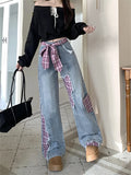 Fashionkova Christmas gift Christmas outfit Women's Grid Splicing Bow Patch Jeans Sweet Girl Trouser High Waisted Vintage Streetwear Female Casual Y2K Denim Pants