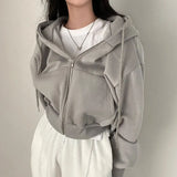 Fashionkova Casual Hood Sweatshirt Women Y2K Zip Up Hoodies Solid Harajuku Long Sleeve Shirt Oversized Crop Tops Female Loose Jackets Coat