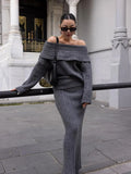 Fashionkova Winter Knitted Two Piece Set for Women Elegant Off Shoulder Sweater Pullover Top Slim Skirt Suit Fashion Office Ladies Outfits