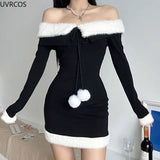 Fashionkova Christmas outfit 2024 Sexy Red Christmas Dress Women Winter Y2k Plush Patchwork Off Shoulder Party Mini Dress Korean Fashin Elegant Bodycon Dress