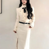 Fashionkova Korean Fashion Elegant Two-piece Skirt Set Women Crop Jacket Coat Bodycon High Waist Midi Skirt Autumn Winter New Luxury Outfits