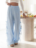 Fashionkova Women Wide-Leg Pants Plaid/Stripe Print Side Tie-Up Loose Trousers Spring Summer Casual Sweatpants Bottoms