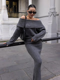 Fashionkova Winter Knitted Two Piece Set for Women Elegant Off Shoulder Sweater Pullover Top Slim Skirt Suit Fashion Office Ladies Outfits