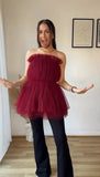 Fashionkova Christmas gift Christmas outfit Fashion Burgundy Sexy Sleeveless Backless Top Elegant Solid Pleated Mesh Tulle Ruffles Tank Tops Christmas New Year Party Gowns