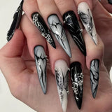 Fashionkova 24pc Metal geometry Irregular almond false nails press on hot girls y2k designs fake nails with 3D red ripple French ballet nail