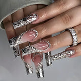 Fashionkova Luxury Fashion Ladies Super Long Square French Silver Vine Patchwork Diamond Heart Decoration Full Coverage Wearable Fake Nail