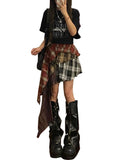 Fashionkova Women's A-line Plaid Skirt Vintage Fashion Aesthetic Y2k Asymmetrical Mini Skirt Harajuku Korean Skirt 2000s Clothes 2024 Summer