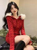 Fashionkova Christmas outfit 2023 Winter Christmas Knitted Sweater Dress Hooded Women Slim Bodycon Y2k Mini Dress Fur Female One Piece Dress Korean Elegant