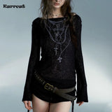 Fashionkova Karrcat Grunge Aesthetics Knitted Tops Vintage Tattoo Print T-shirt Wasteland Punk Black Ribbed Tee Shirt Gothic Alt Streetwear