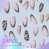 Fashionkova 24pcs short and medium-sized false nails pink almond nail,sexy leopard print design, press on nails,suitable for women and girls