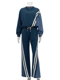 Fashionkova Contrast Striped Women Pullover Set Wide Leg Elastic Waist Pants Suits 2024 Autumn O-neck Denim Patchwork Top Trousers Outfits