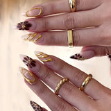 Fashionkova 24pcs Leopard Print Fake Nails with Glue Almond Acrylic Press on False Nails Gold Lines French Nail Tips Sweet Cool Autumn Nails