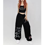 Fashionkova Black White Drawstring Design Sweatpants Women High Street Hip-hop Wide Leg Pants Women New Summer All-match Long Trousers