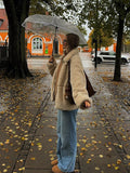 Fashionkova Christmas Gift outfit Khaki Flip Collar Zipper Warm Lamb Woolen Coat Elegant Solid Full Sleeve Short Jacket 2024 Autumn Woman New Commuter Wear