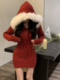 Fashionkova Christmas outfit 2023 Winter Christmas Knitted Sweater Dress Hooded Women Slim Bodycon Y2k Mini Dress Fur Female One Piece Dress Korean Elegant