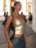Fashionkova  Gold PU Crop Tops For Women 2024 Bodycon Backless Sexy Off Shoulder Tank Top Hot Girls Street Slim Party Tube Top Ladies