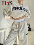 Fashionkova Women's Pants Set Sporty Sweatshirt Letter Printing Pullovers Tops Elastic Waist Solid Pants Girl's 2pcs Sets Tracksuit Hoodie