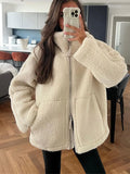 Fashionkova Fashion Solid Lamb Wool Patchwork Women Jackets Elegant Lapel Long Sleeve Pockets Zipper Coats Winter Lady Warm Streetwear 2024