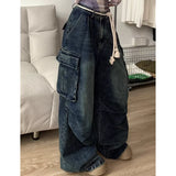 Fashionkova Blue Jeans Women Multiple Pockets Y2K Vintage High Waisted Jean Straight Trouser Streetwear Casual Loose Wide Leg Denim Pants