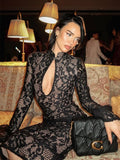 Fashionkova Christmas Gift Lace Maxi Dresses For Women Fashion Sexy Solid Streetwear Long Sleeves O-Neck Hollow Out Slim Fit See Through Midi Vestidos Robe