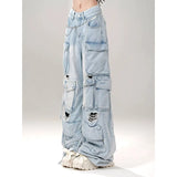 Fashionkova Women Blue Pocket Baggy Cargo Jeans Harajuku Streetwear 90s Y2k Oversize Denim Trousers Vintage 2000s Style Trashy Jean Pants