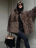 Fashionkova Retro Fluffy Faux Fur Coat Women Casual Single-Breasted Lapel Khaki Jacket Coats Female Autumn Warm Loose Chic Street Outwear