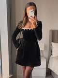 Fashionkova Women Black Rhinestone Decor Velvet Mini Dress Elegant Square Neck Long Sleeve High Waist A-line Dresses Lady Evening Party Gown