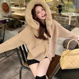 Fashionkova Christmas Gift outfit Gagaok Hooded Fur Collar Knitted Cardigan Coat 2024 Autumn Winter Clothes Zipper Sweater Coat Gentle Pocket Slim Jackets